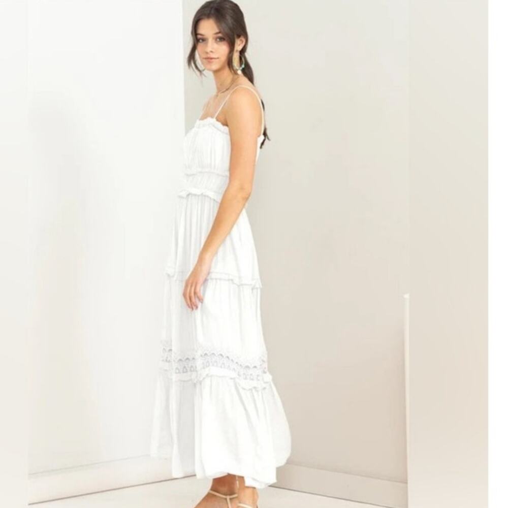 HYFVE White Ruffle crochet Trim Tiered Boho sleeveless Maxi Dress large - Picture 2 of 13